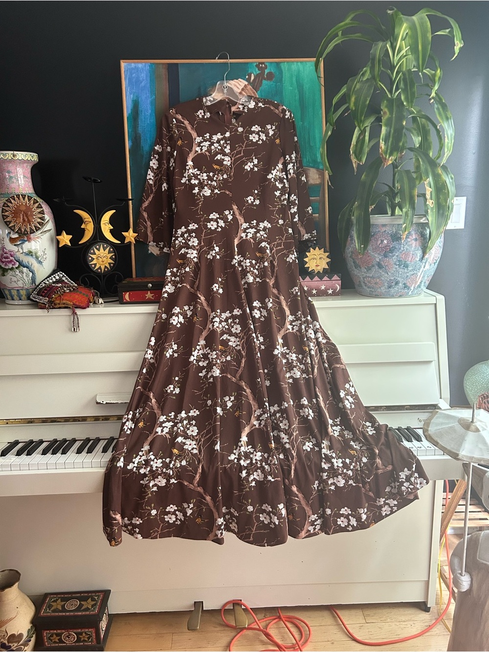 Vintage Brown Floral Maxi Dress Bell Sleeve Cottagecore Prairie Boho Romantic
